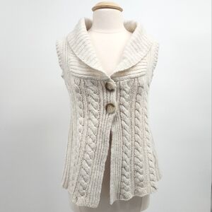 Eddie Bauer Cable Knit Cardigan Shawl Collar Sleeveless Sweater Vest Wool Small